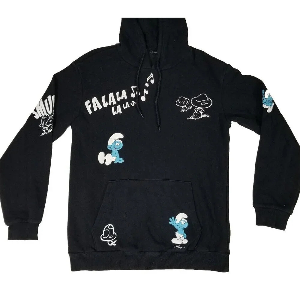 Smurfs Hoodie Hooded Sweatshirt Pullover Adult Size Small Mushrooms Back Graphic